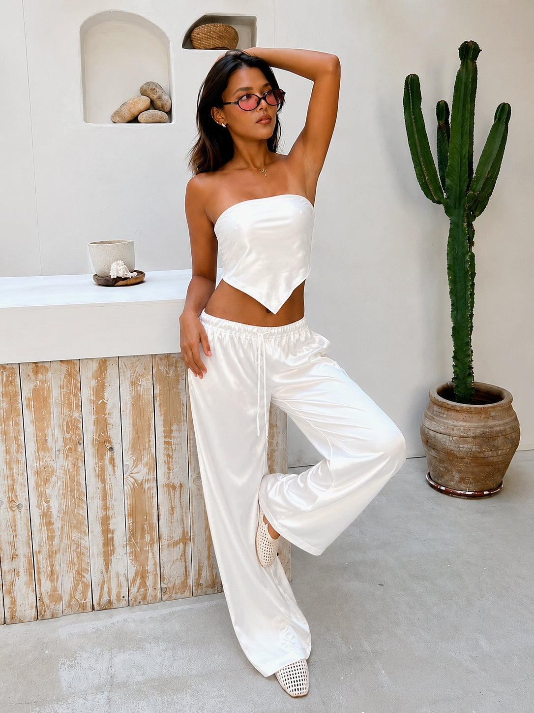 White Allure Satin Scarf Top & Wide-Leg Pants Set
