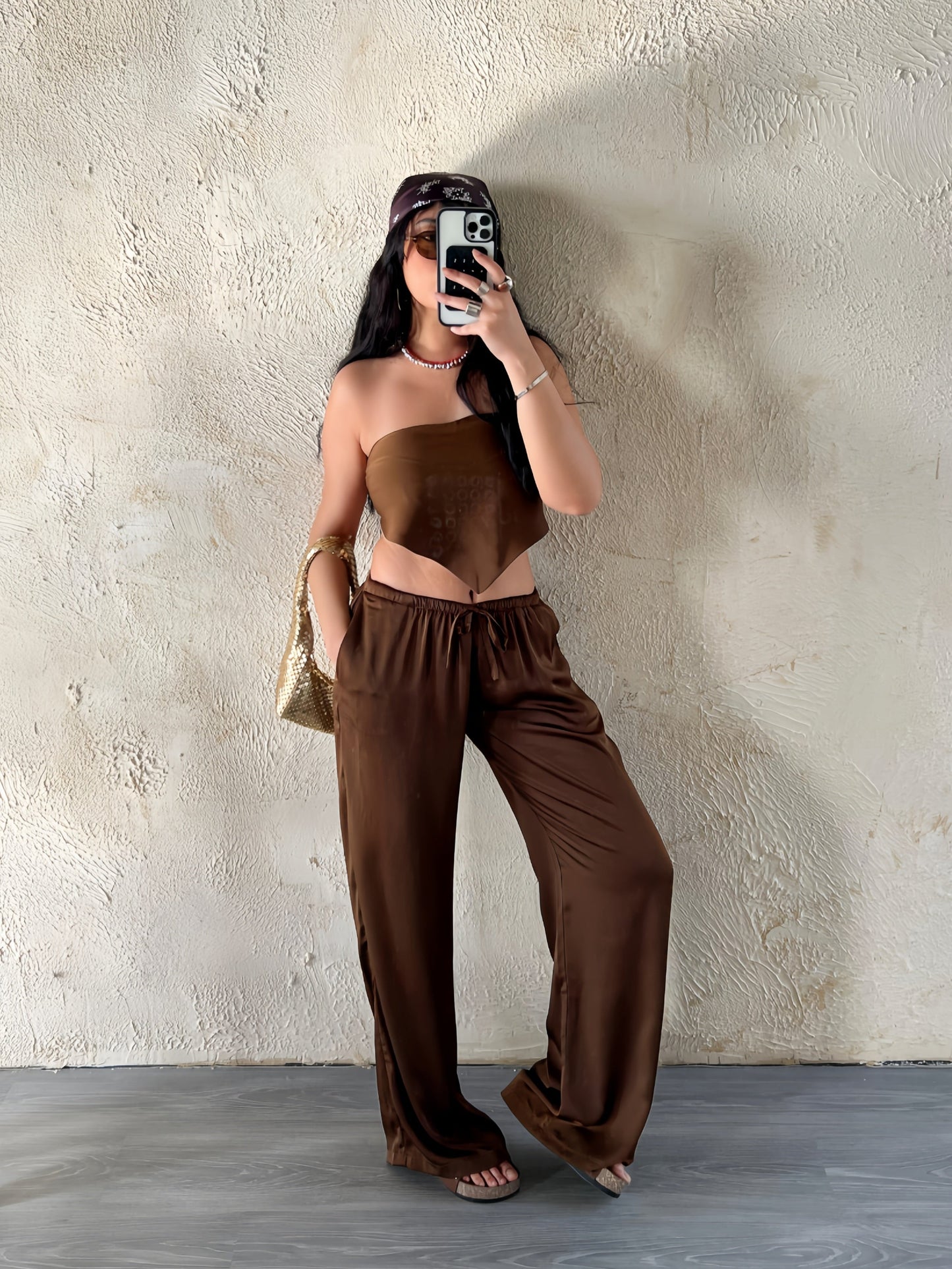 Allure Satin Scarf Top & Wide-Leg Pants Set