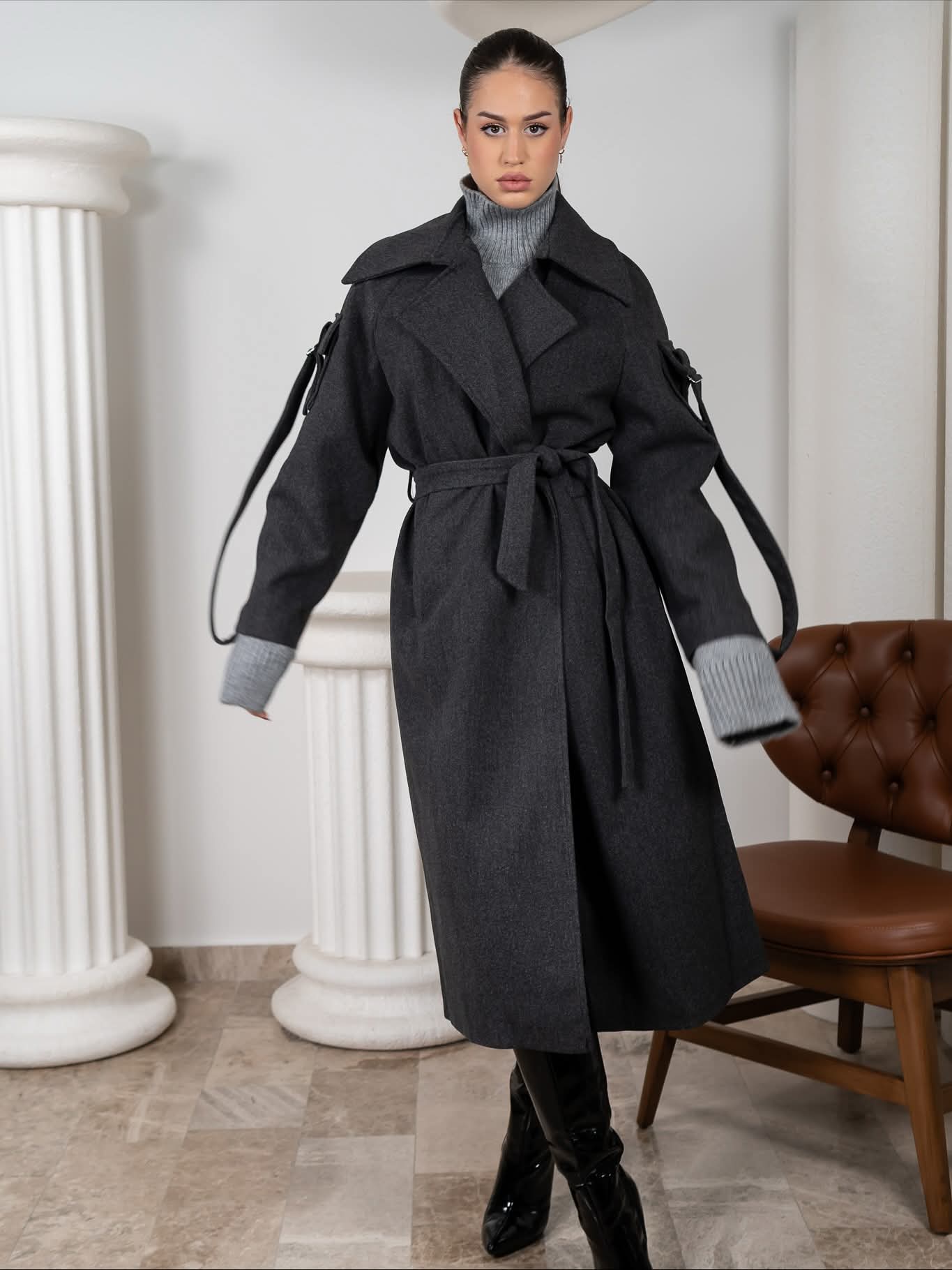 Grey Anthracite Wool Blend Sleeve Pocket Coat