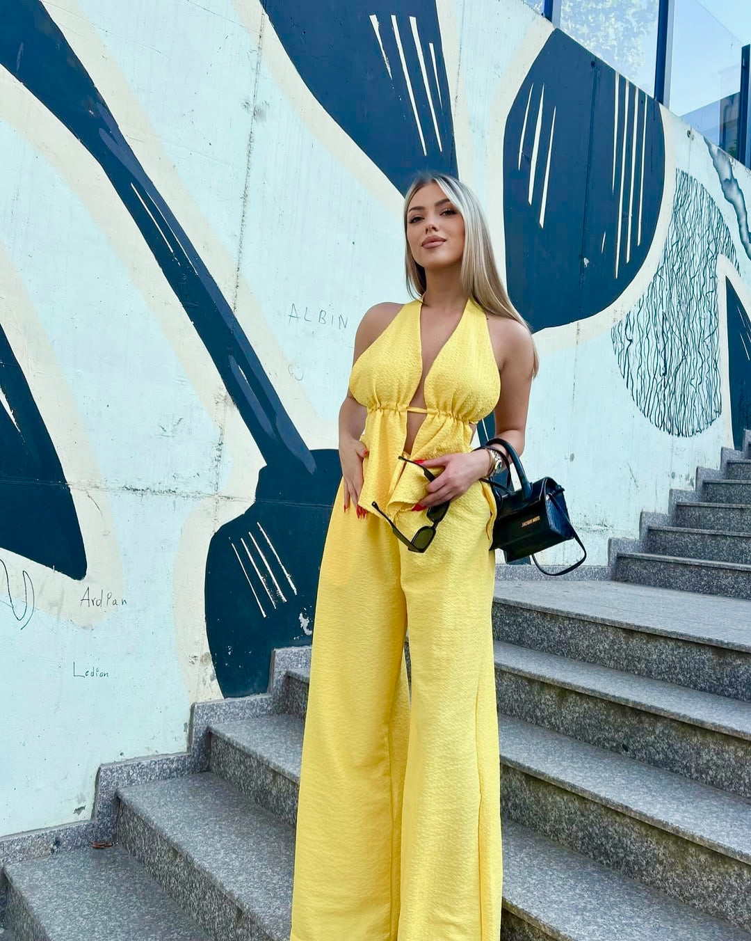 Yellow Corset Detailed Crop Trouser Set