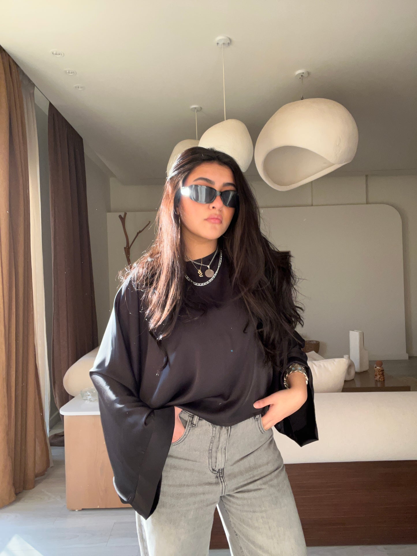 Wide Sleeve Satin Blouse BLACK