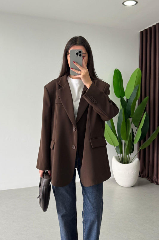 Brown Oversized Textured Basic Blazer