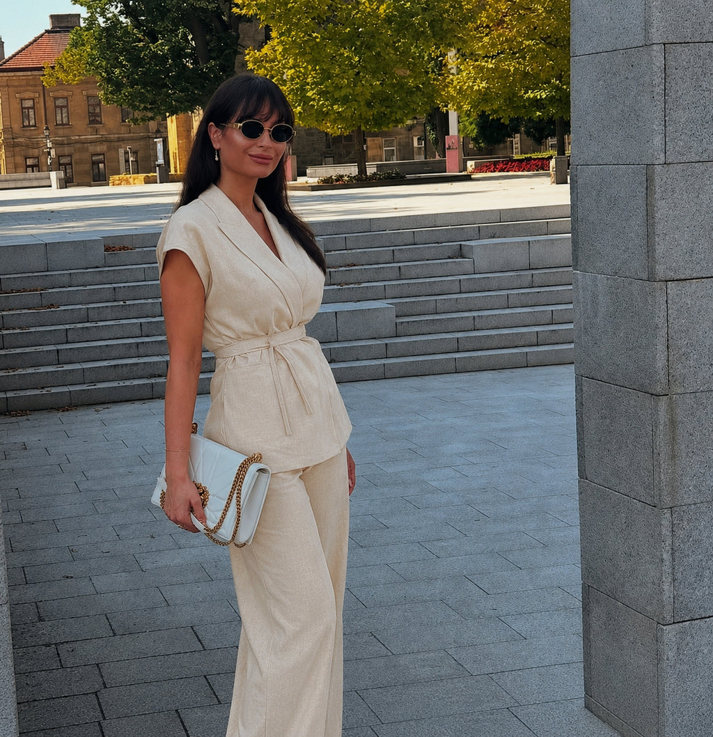 Beige Linen Blend Pleated Sets