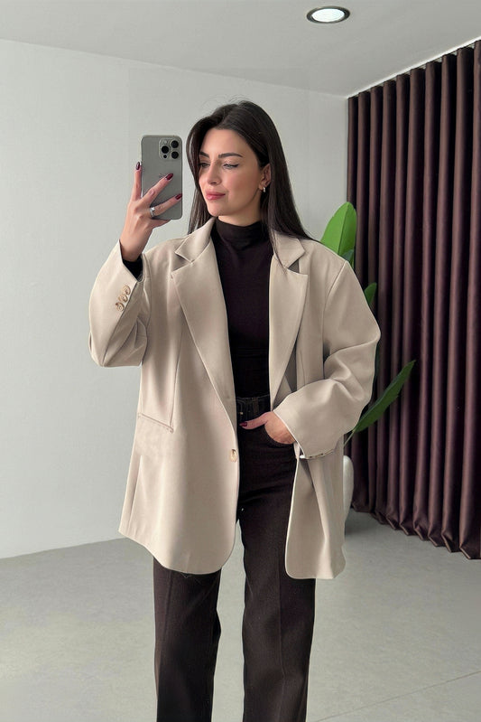 Beige Oversized Textured Basic Blazer