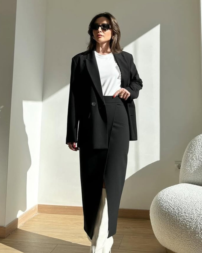 Asymmetric Wrap Midi Skirt - Black