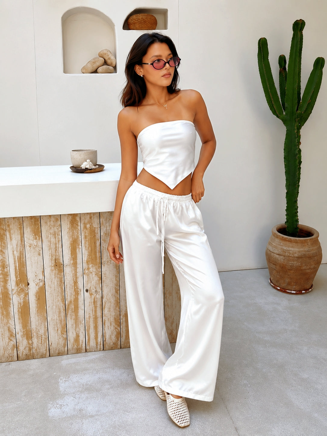 White Allure Satin Scarf Top & Wide-Leg Pants Set