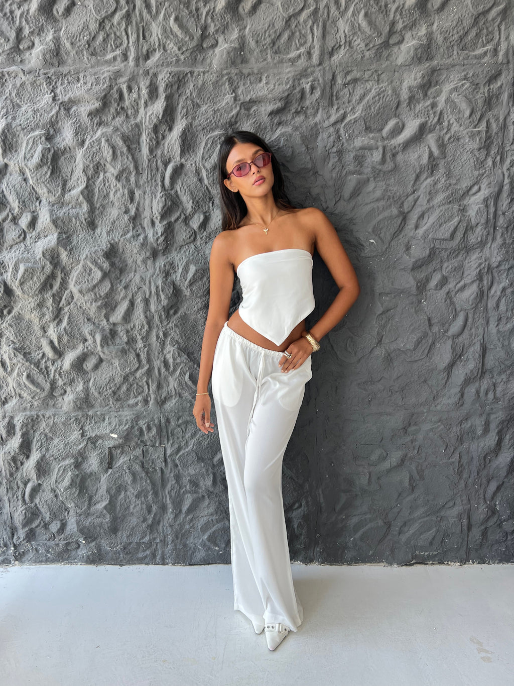 Allure Satin Scarf Top & Wide-Leg Pants Set