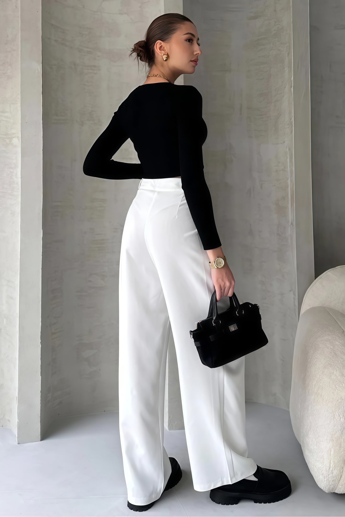 White-High Waisted Wide Leg Pants