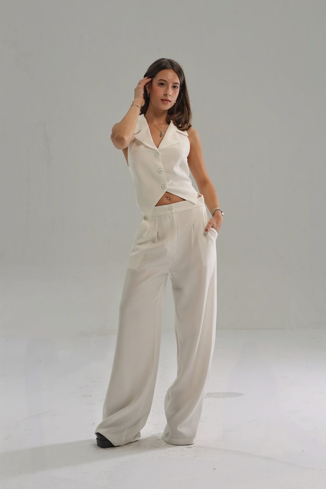 White-High Waisted Wide Leg Pants