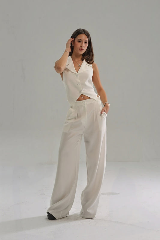 White-High Waisted Wide Leg Pants
