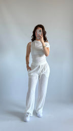 White asymmetric blouse pants suit