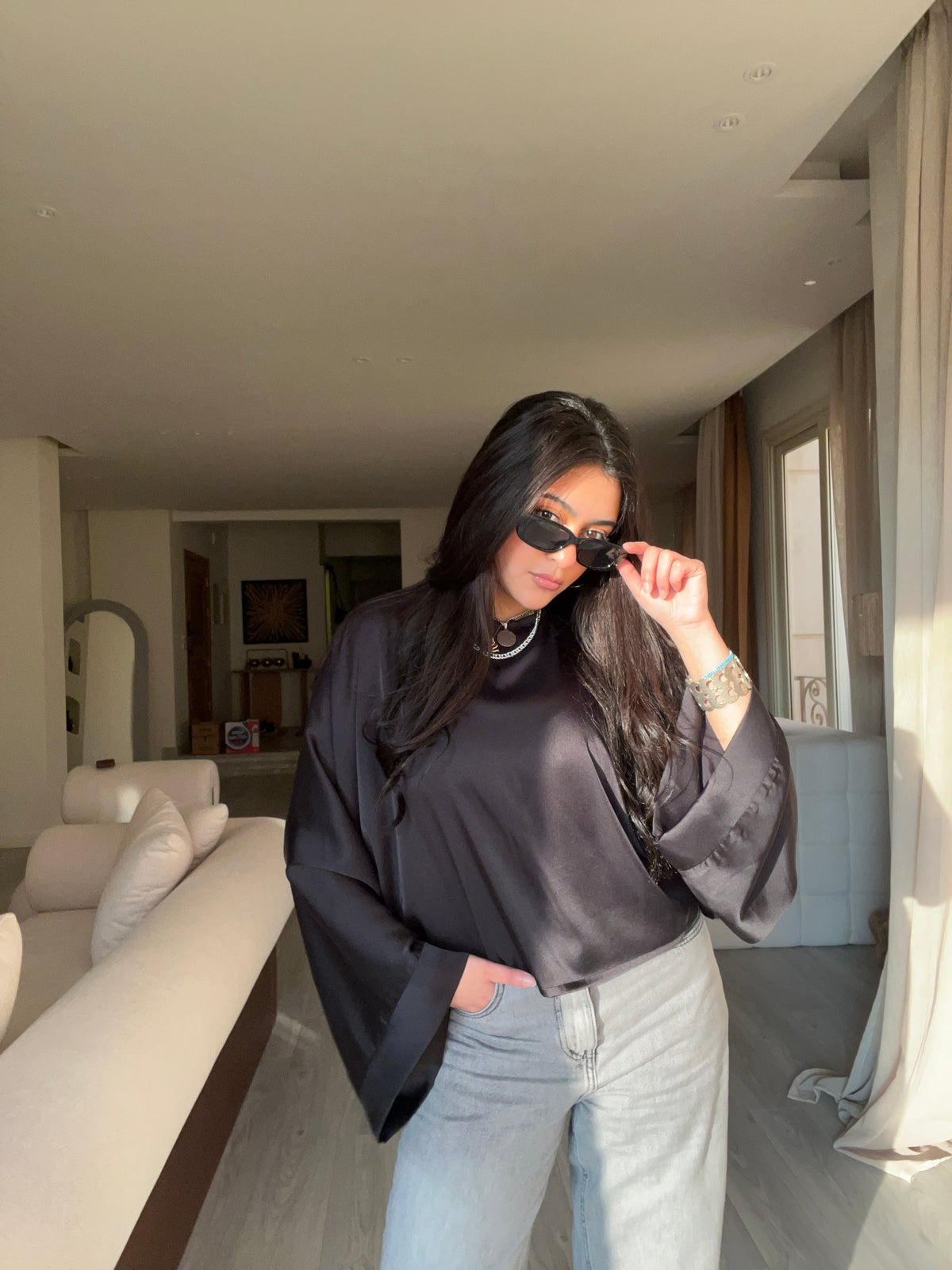 Wide Sleeve Satin Blouse White