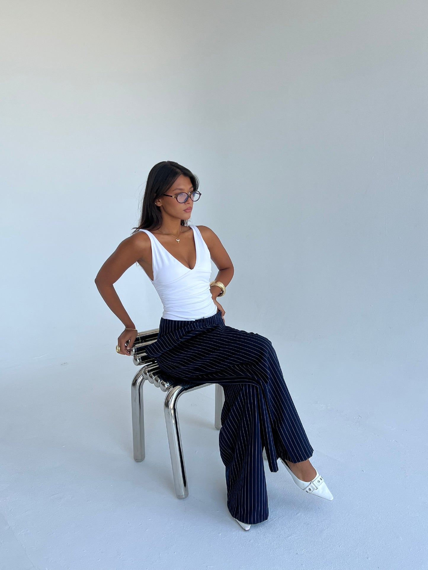 The Riviera Pinstripe Wide-Leg Pants – Navy