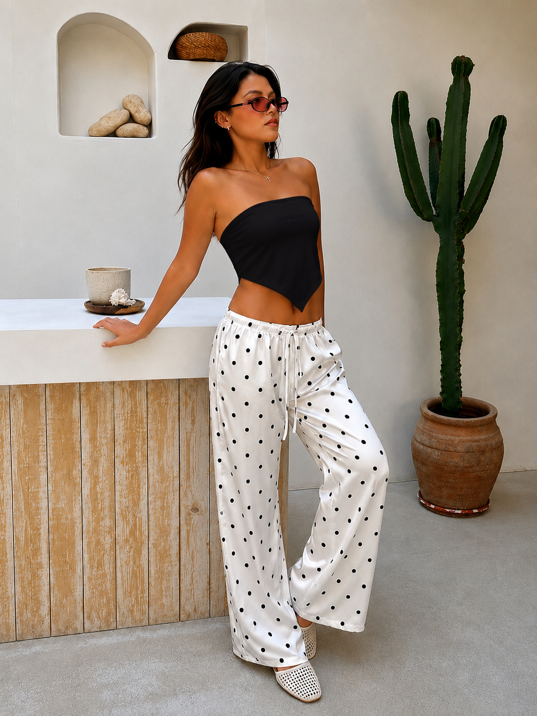 Satin Polka Dot Lounge Set – Black & White