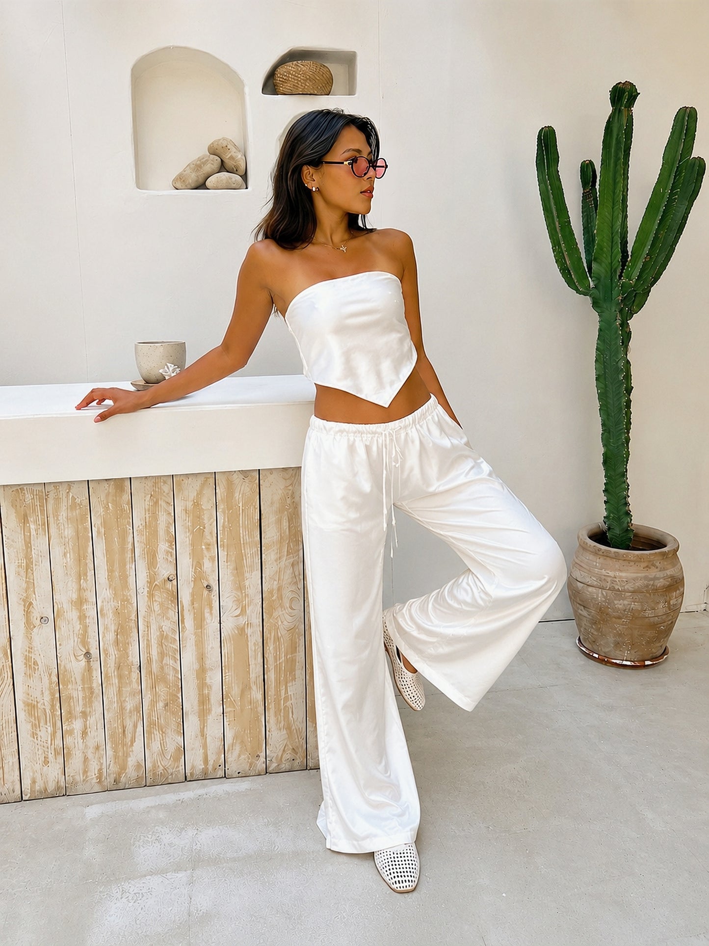 White Allure Satin Scarf Top & Wide-Leg Pants Set