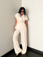 Beige Linen Blend Pleated Sets