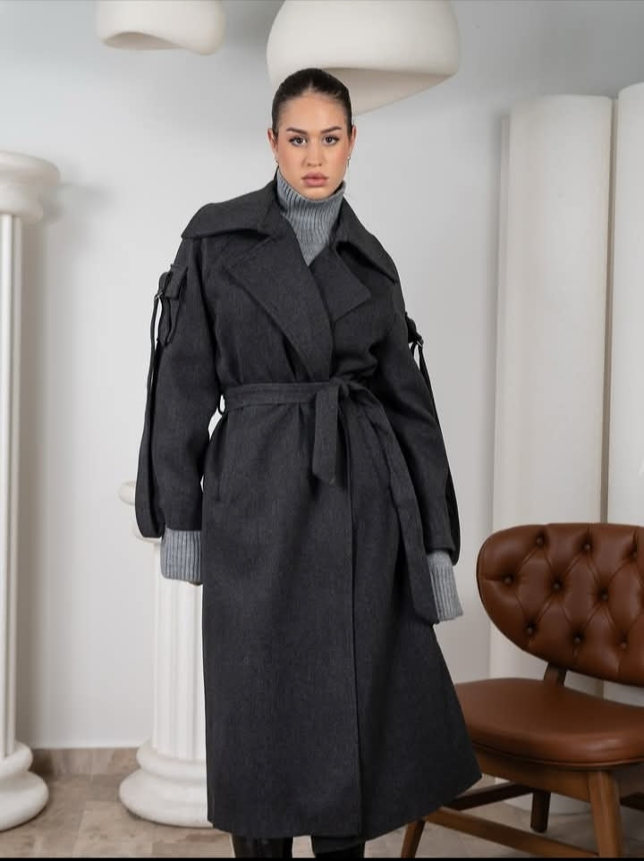 Grey Anthracite Wool Blend Sleeve Pocket Coat